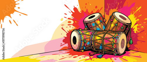 Holi Festive Drums with Colorful Paint Splashes in Corner Composition
