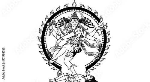 Hindu goddess Durga dancing on demon