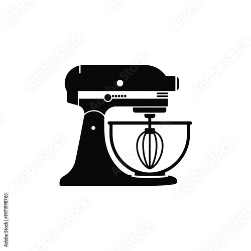 A black silhouette illustration of a classic stand mixer appliance