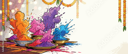 Holi Powder Burst Background with Elegant Decorative Garlands