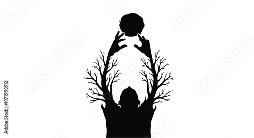 Silhouette of person reaching for a globe with tree branches for arms, symbolizing growth and connection to the world.