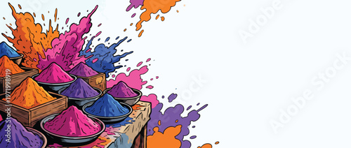 Holi Powder Burst Trays with Vibrant Colorful Splash on White Background