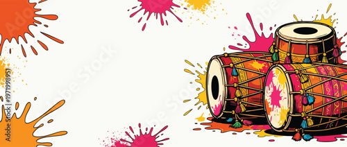 Holi Themed Drums with Colorful Splashes and Festive Atmosphere