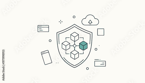 Shield with cubes and cloud icons.