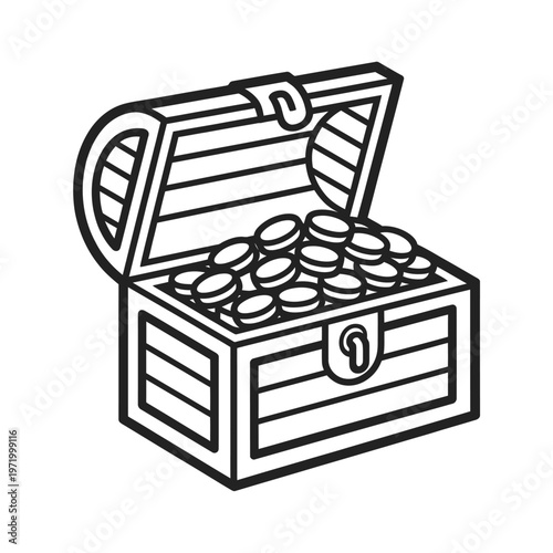 An open wooden treasure chest brimming with golden coins outlined in black