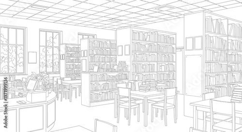 library interior with bookshelves and tables
