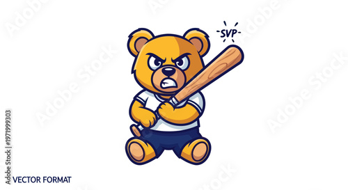 Angry teddy bear with baseball bat, aggressive cartoon character, vector illustration