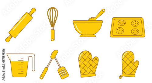 Baking Utensils and Tools Collection: Whisk, Bowl, Rolling Pin, Spatula, Oven Mitts, Measuring Cup