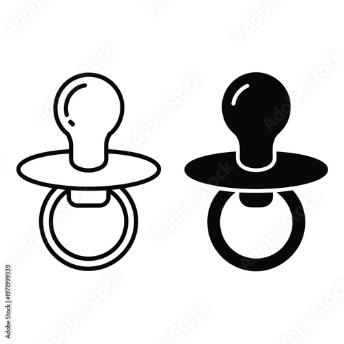 Two baby pacifiers shown in contrasting black and white line art styles