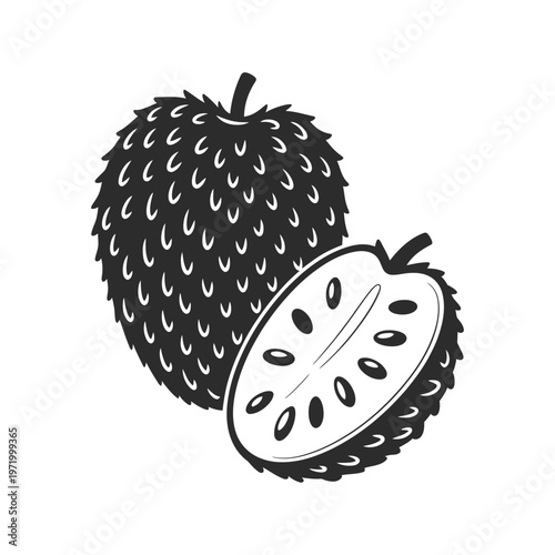 Illustration of a soursop fruit whole and cut in half in black and white