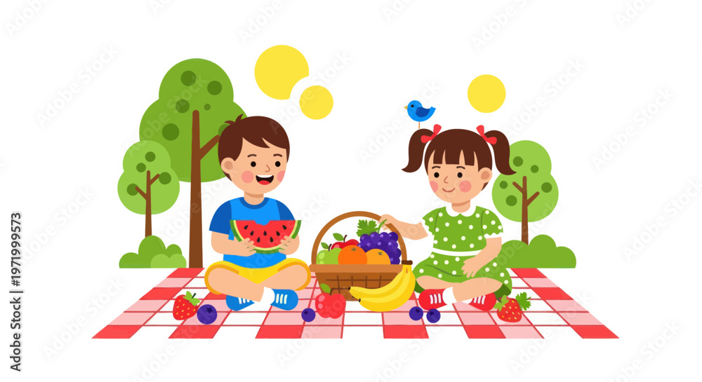 Fototapeta premium Happy Kids Enjoying Picnic with Fruits in Nature, Summer Outdoor Activity