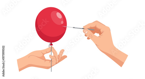 Hand holding red balloon, other hand with needle piercing it