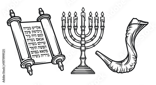 Jewish Symbols: Torah Scroll, Menorah, and Shofar - Line Art Illustration