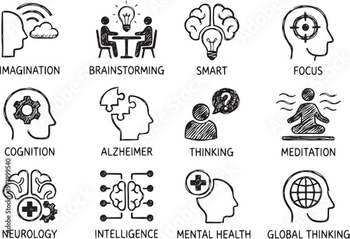 A set of minimalist icons representing mental health and cognitive concepts on transparent background