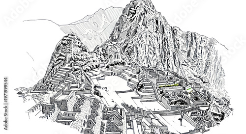 Machu Picchu Inca Citadel Peru Andes Mountains Sketch Drawing Illustration