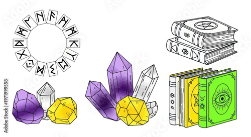 Mystical Symbols: Runes, Crystals, and Magic Books Illustration