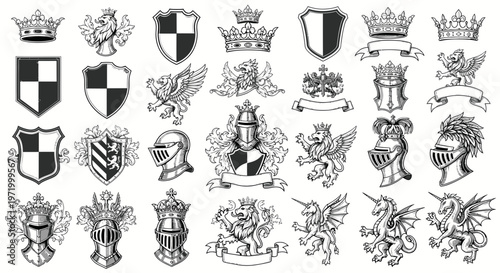 Heraldic Crests, Shields, Crowns, Helmets, Griffins, Lions, Unicorns - Vintage Illustration