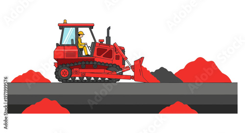 Red bulldozer leveling ground, construction site scene, earthmoving machinery illustration