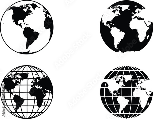 World globe silhouettes, Americas, Africa, Europe, Asia, latitude longitude grid, map projection icons, Earth illustration set, flat vector illustration