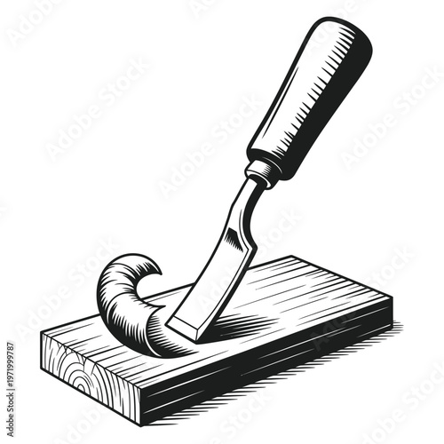 A vintage wood carving chisel resting upon a rectangular wooden block