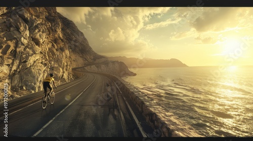 Coastal Cycling Adventure: Cyclist Rides Along Scenic Road at Sunset Scenery
