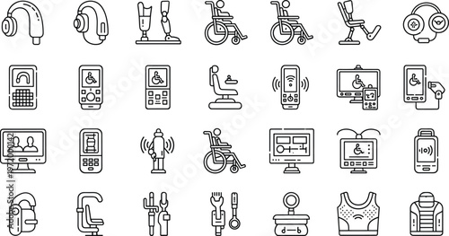 Assistive technology and disability support line icons set with prosthetics wheelchair hearing aids mobile devices and medical devices for accessibility