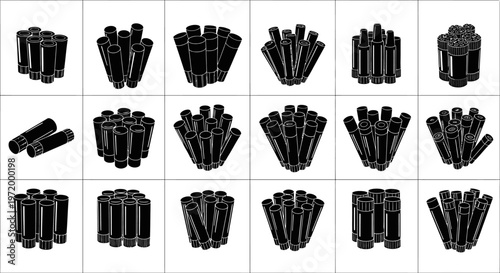 Collection of black and white graphic design elements representing abstract cylindrical forms and brush strokes in a grid layout ideal for creative projects and digital art