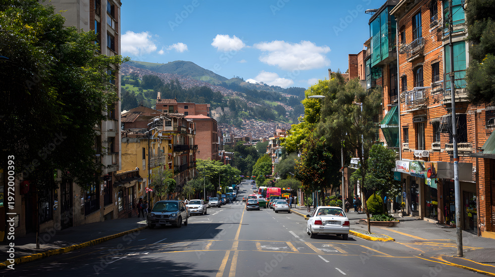 Obraz premium Vibrant Contemporary Street Scene in a South American City Under Clear Blue Skies