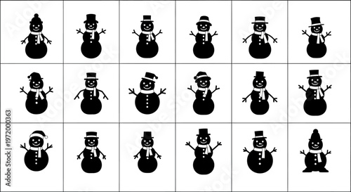 Collection of diverse black silhouette snowmen icons with hats and scarves representing winter fun holiday cheer and creative design elements on a clean white background ideal