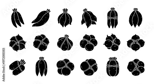 Collection of stylized black and white illustrations of various root vegetables and bundled produce presented in a grid layout on a clean white background evoking freshness