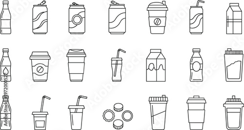 Beverage packaging line icons set with bottles cans cups cartons and drink containers
