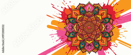 Navratri Festive Mandala Pattern with Elegant Stylization and Colorful Splashes on White