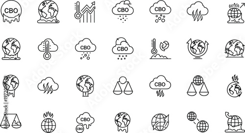 Climate change and global warming line icons set with Earth, carbon footprint, weather, temperature rise, and environmental impact concepts
