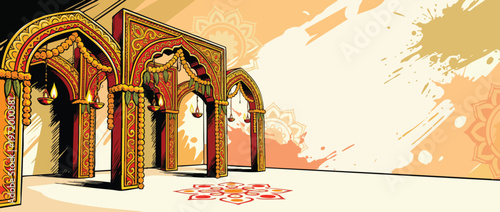 Navratri Festive Ornate Arches with Lamps and Rangoli Decoration Background