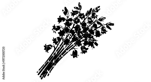 Hand drawn silhouette of a delicate bunch of bluebell flowers with a distressed textured effect isolated on a clean white background evoking a rustic vintage botanical