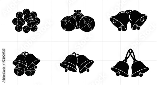 Collection of silhouetted christmas bells and jingle bells in various arrangements on a clean white background representing festive sounds and holiday cheer