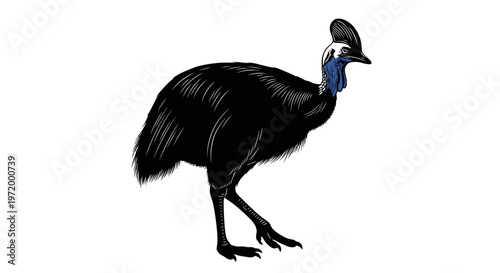 Striking illustration of a solitary southern cassowary bird with black iridescent plumage vivid blue neck and a prominent casque on its head isolated against a clean white
