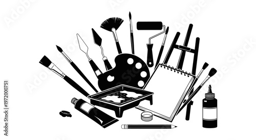 Artistic tools and supplies arranged in a creative composition including paintbrushes palette knife paint roller easel notebook paint tubes and palette on a white background