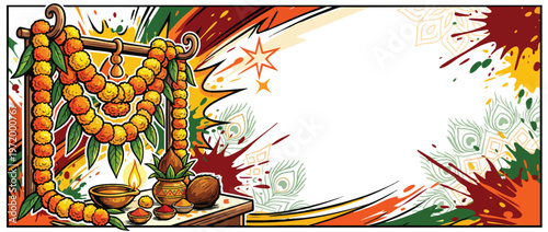 Navratri Marigold Garlands with Traditional Festive Decor and Splashes Artwork