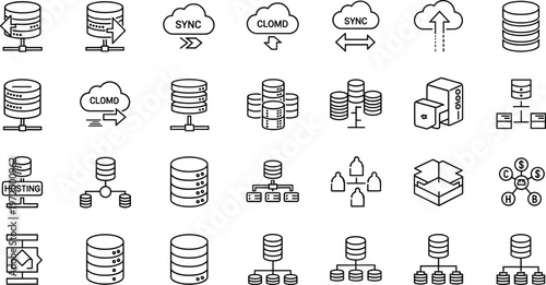 Cloud hosting and data synchronization icons with various storage and management themes