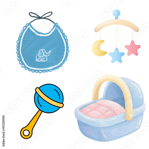 Baby nursery essentials set, watercolor crib, bib and rattle.
