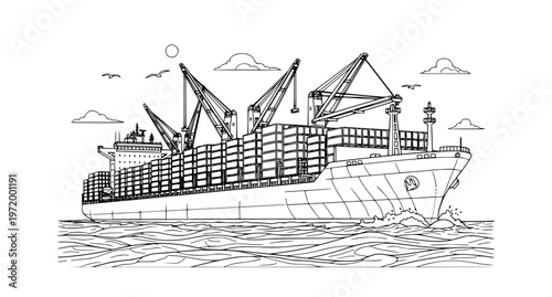 Cargo ship coloring page vector with detailed freighter line art sailing on ocean isolated on white background