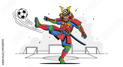 Samurai warrior playing soccer, kicking ball on field, Japanese culture fusion