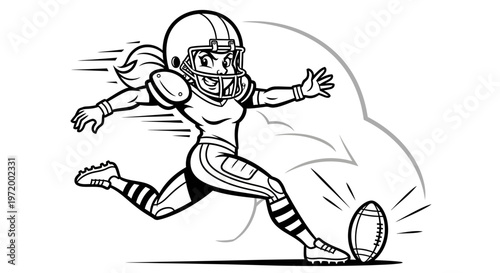 Female Football Player Kicking Ball, Action Shot, American Football Woman