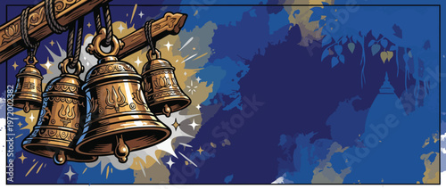 Thanksgiving Golden Temple Bells with Comic Bursts on Festive Dark Blue Sky