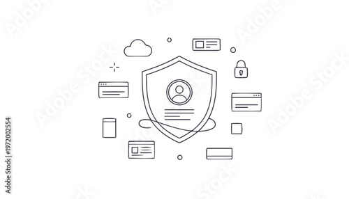 Shield with icons for cyber security.