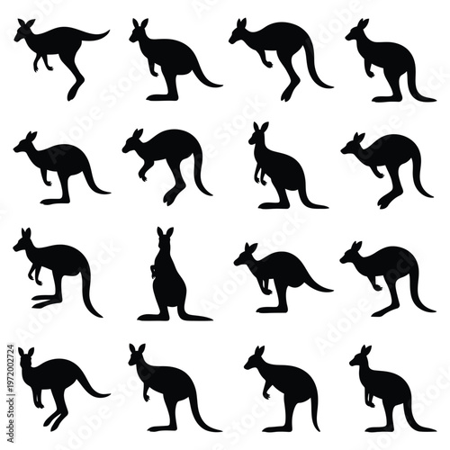 Collection of black silhouette kangaroos in various poses and orientations