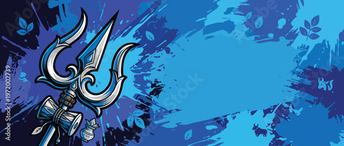 Trident Symbol with Damaru and Nandi on a Dynamic Blue Splash Background