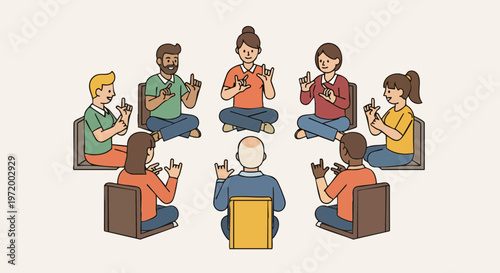 Diverse Group of People Communicating with Sign Language in a Circle