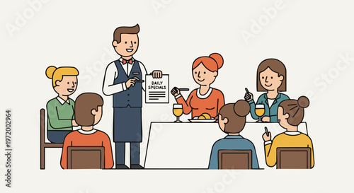 Waiter Presenting Daily Specials to Group of People at Restaurant